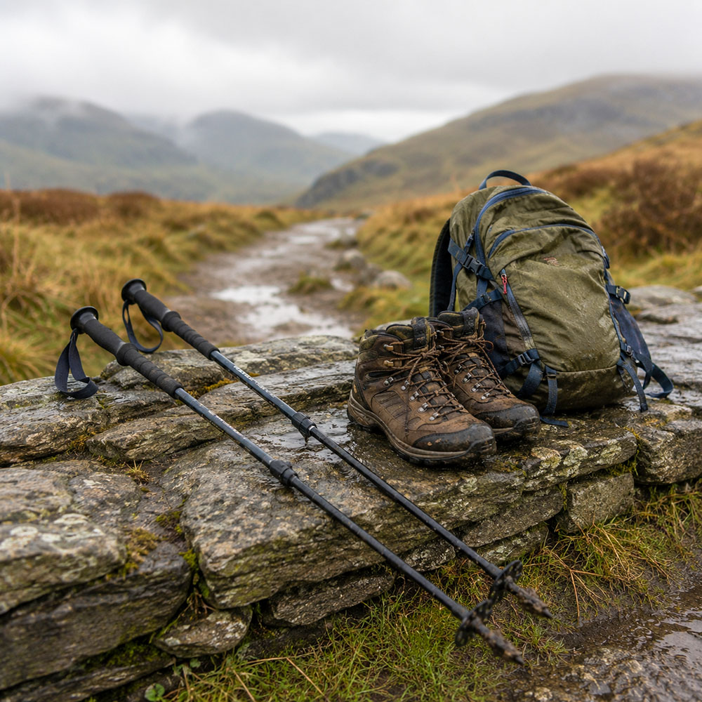 Muddy walking poles, boots and rucksack on a wet stone wall beside a moorland path after a UK hill walk.