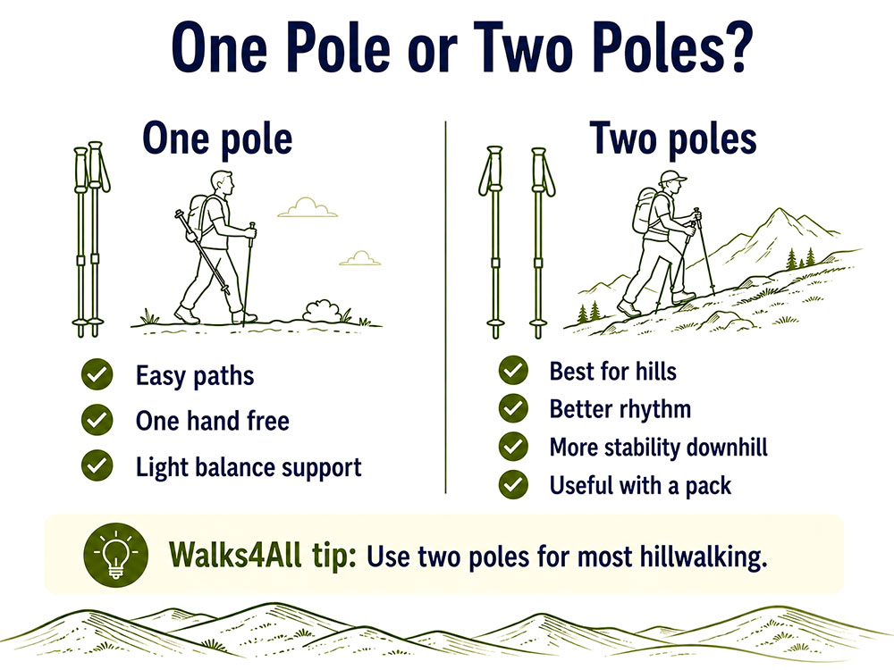 Comparison infographic showing when one walking pole is useful and when two poles offer better hillwalking stability.