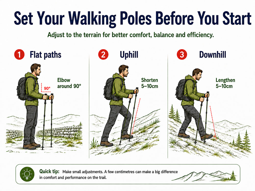 Infographic showing walking-pole length for flat paths, uphill climbs and downhill descents.