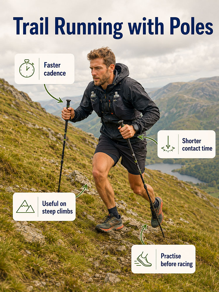 Fell runner using lightweight poles on a steep UK climb with callouts for cadence, contact time and practice.