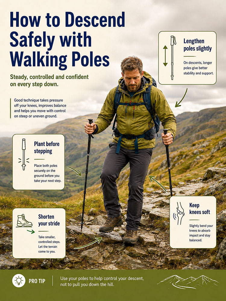Hillwalker descending a rocky path with poles planted before stepping, soft knees and a shorter stride.