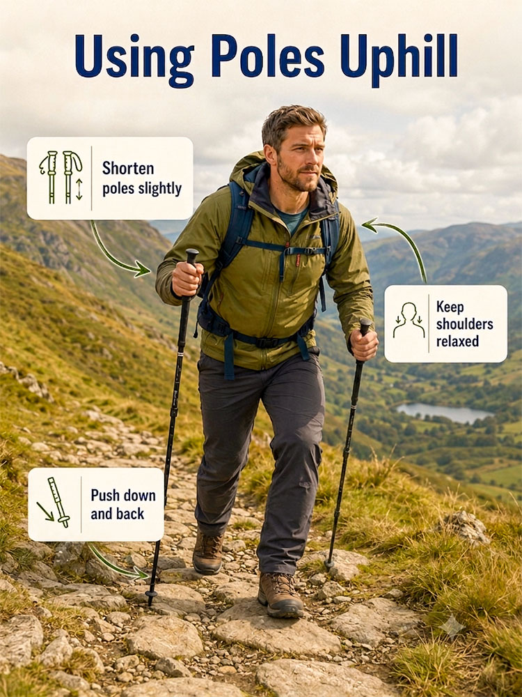 Hillwalker climbing a rocky UK path with walking poles and callouts for shorter poles, relaxed shoulders and pushing back.