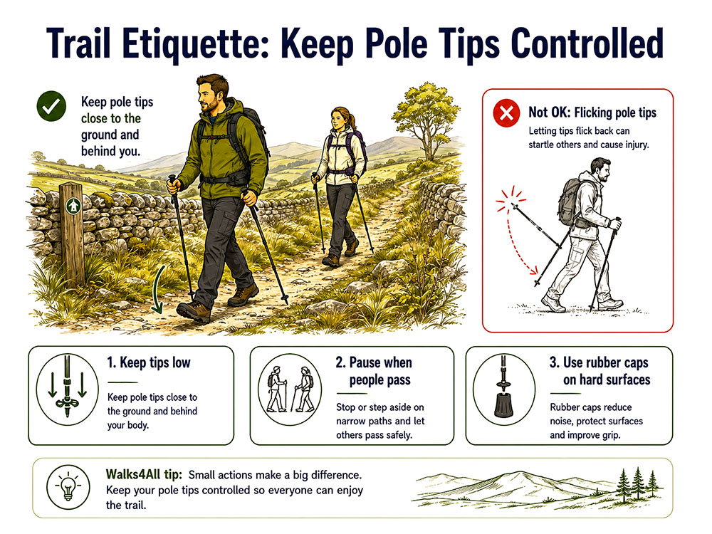 Infographic showing hikers keeping walking-pole tips low and avoiding flicking tips behind them on narrow paths.