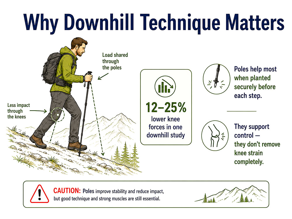 Evidence infographic showing downhill walking-pole technique and the 12-25% lower knee-force finding from one study.