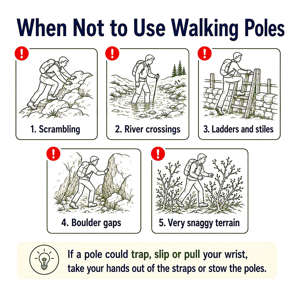 Safety infographic showing terrain where walking poles can be risky, including scrambling, rivers, stiles and boulder gaps.