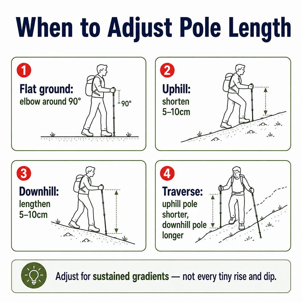 Infographic showing when to shorten, lengthen or offset walking poles on flat, uphill, downhill and traverse terrain.