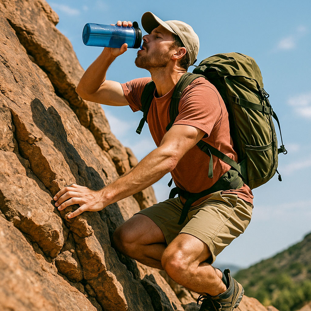 A hiker climbing a steep rockface holding on precariously with one hand, while he tried to drink water from a water bottle held in his other hand