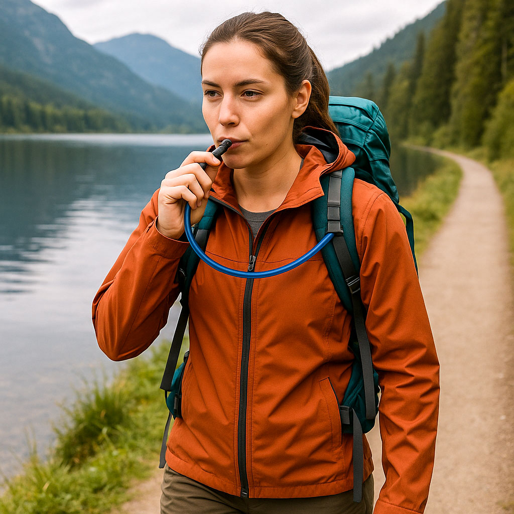 A hiker is walking along a path by a lake, and is drinking by sucking on a tube that is coming from the hydration bladder in her rucksack