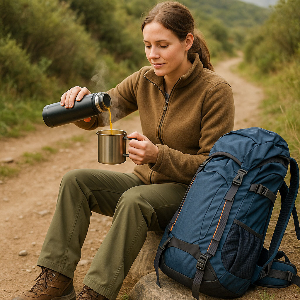 A hiker sat down on a rock with her rucksack by her having a rest. She is pouring some hot tea from her insulated stainless steel water bottle