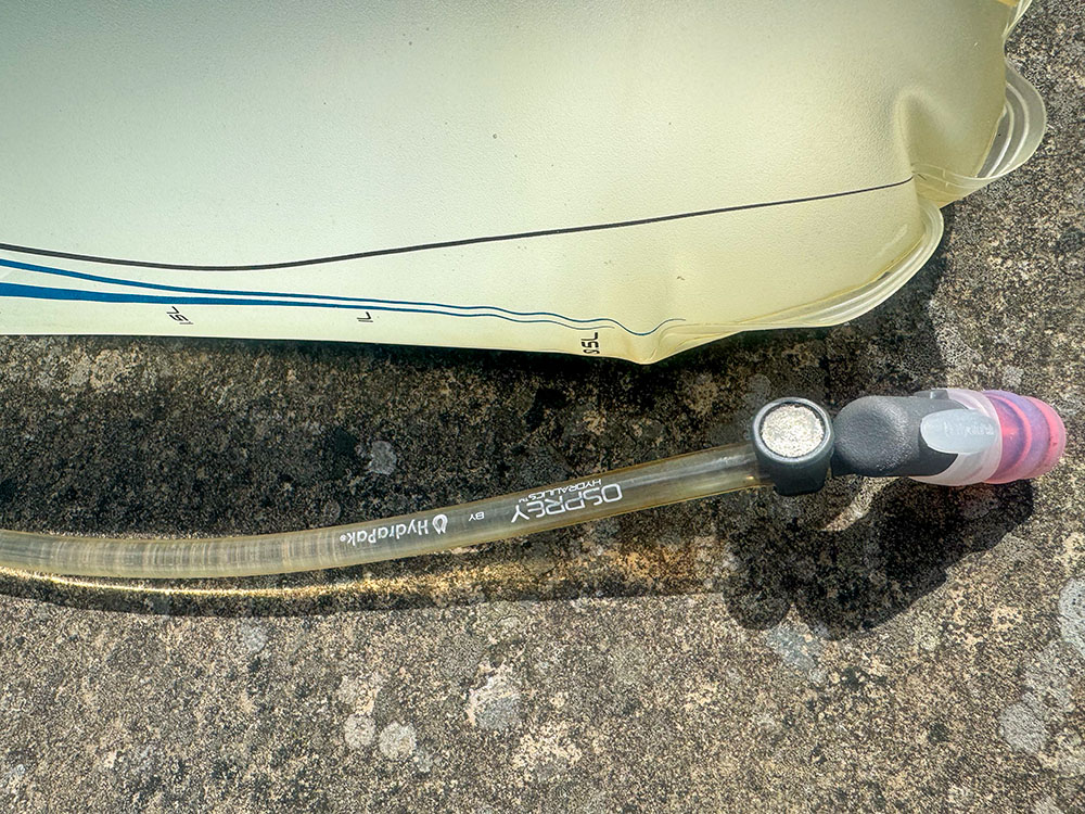 The thin exposed hose on a water bladder, that could ice up in freezing weather