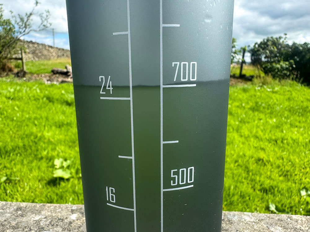 The water level is clearly visible in this plastic water bottle