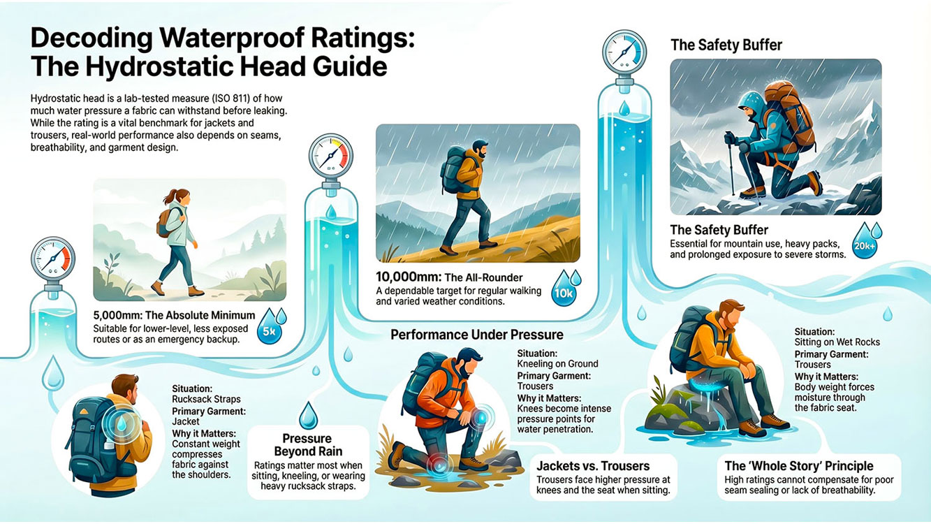 Infographic explaining 5,000mm, 10,000mm and 20,000mm waterproof ratings with real-world scenarios like kneeling, sitting and mountain use