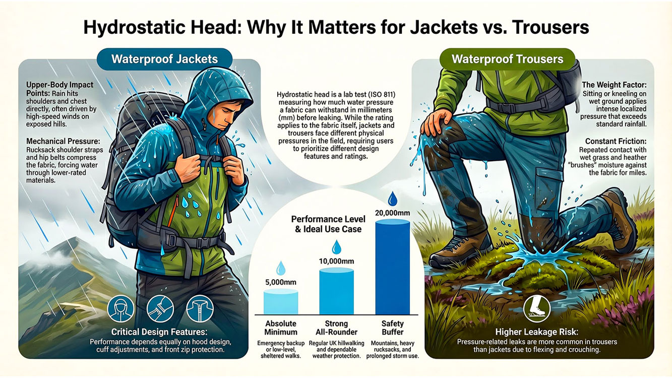 Infographic comparing waterproof jackets and trousers, showing pressure points from rain, rucksack straps, kneeling and sitting
