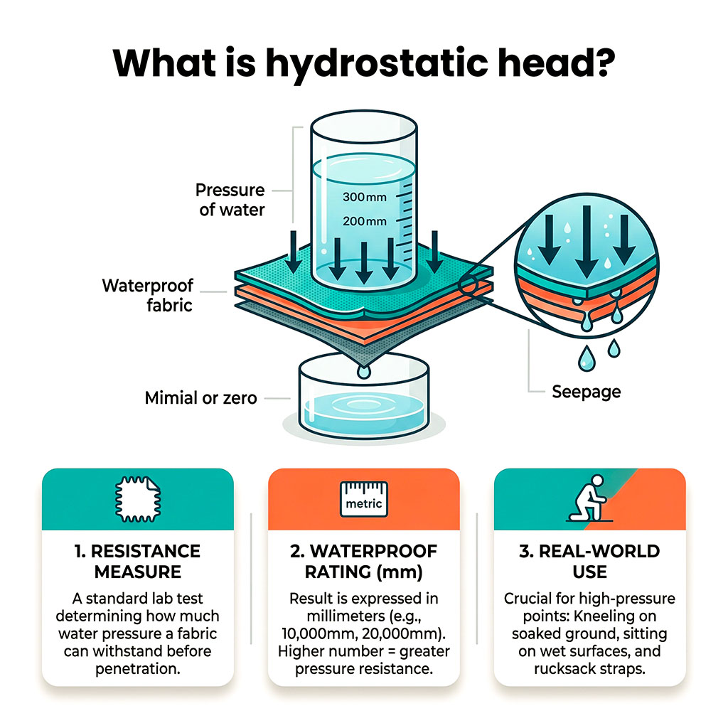 Infographic explaining hydrostatic head and how waterproof fabric is tested using water pressure