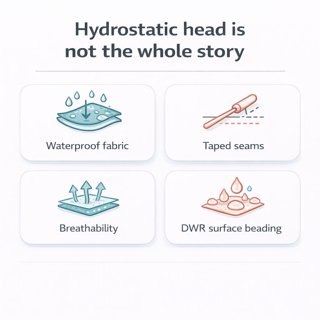 Infographic showing hydrostatic head, seam sealing, breathability and DWR as key parts of waterproof performance