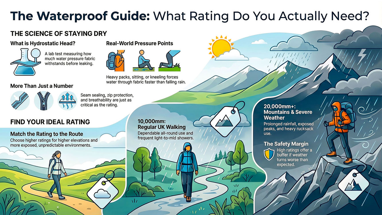 Infographic showing hydrostatic head basics, real-world pressure points and recommended waterproof ratings for different walking conditions