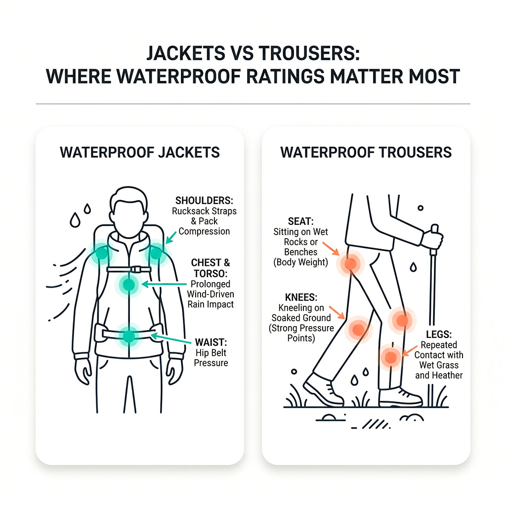 Infographic comparing key pressure points on waterproof jackets and waterproof trousers