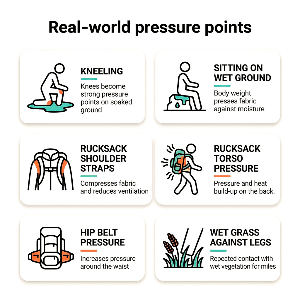 Infographic showing kneeling, sitting, shoulder straps, hip belts and wet grass as pressure points on waterproof clothing
