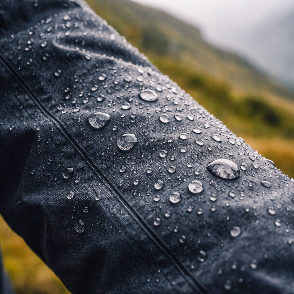 Close-up of raindrops beading on the sleeve of a waterproof jacket