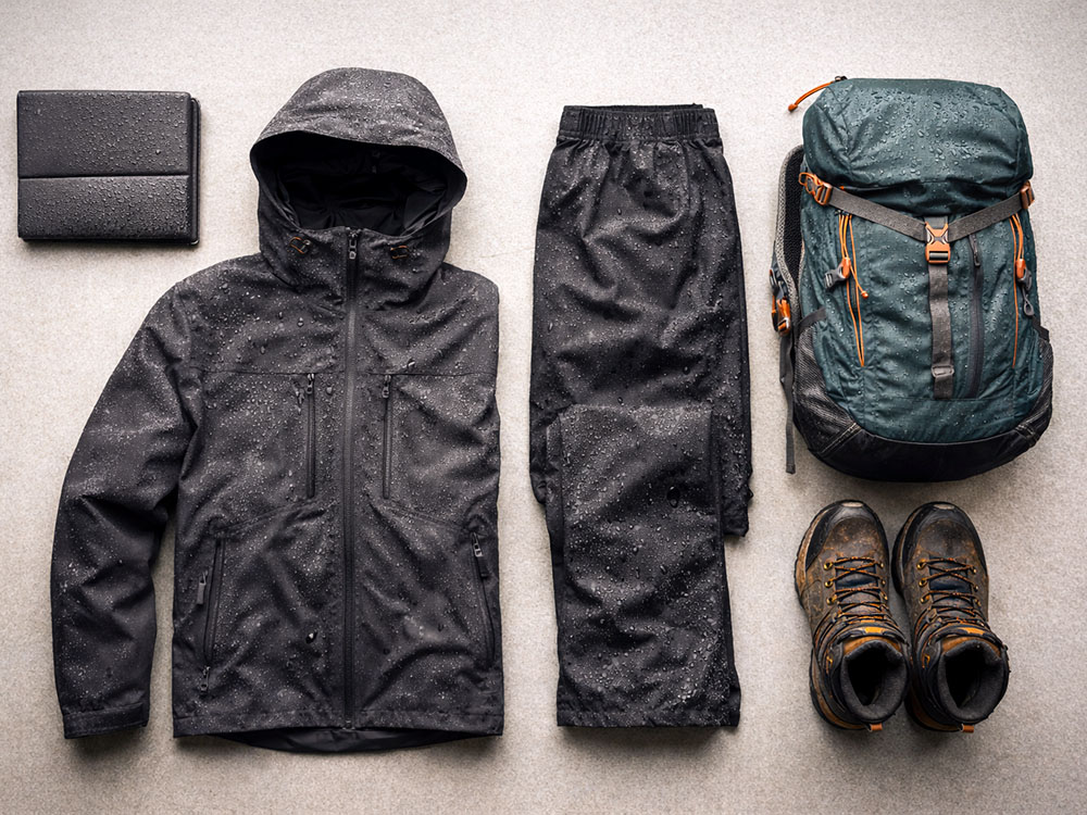Flat-lay of a waterproof jacket, waterproof trousers, boots, backpack and sit mat arranged for a walking gear guide