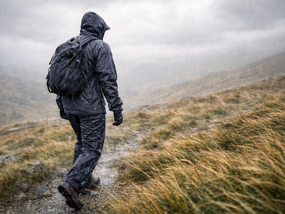 Hillwalker on an exposed British path in steady rain, wearing a waterproof jacket and waterproof overtrousers
