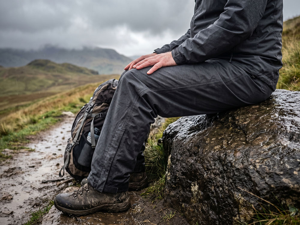 Walker sitting on a wet rock in waterproof overtrousers, showing pressure at the seat area