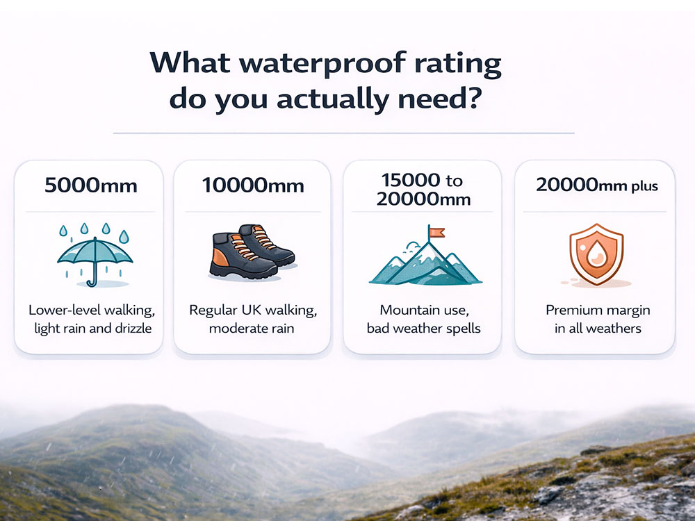 Infographic showing recommended waterproof ratings for lower-level walks, regular UK walking and mountain use