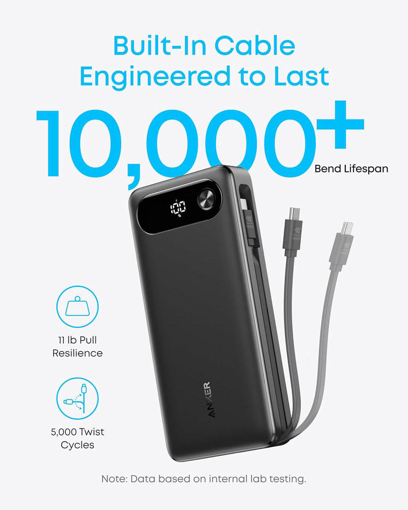 Anker 20,000mAh 87W Power Bank - integral cable