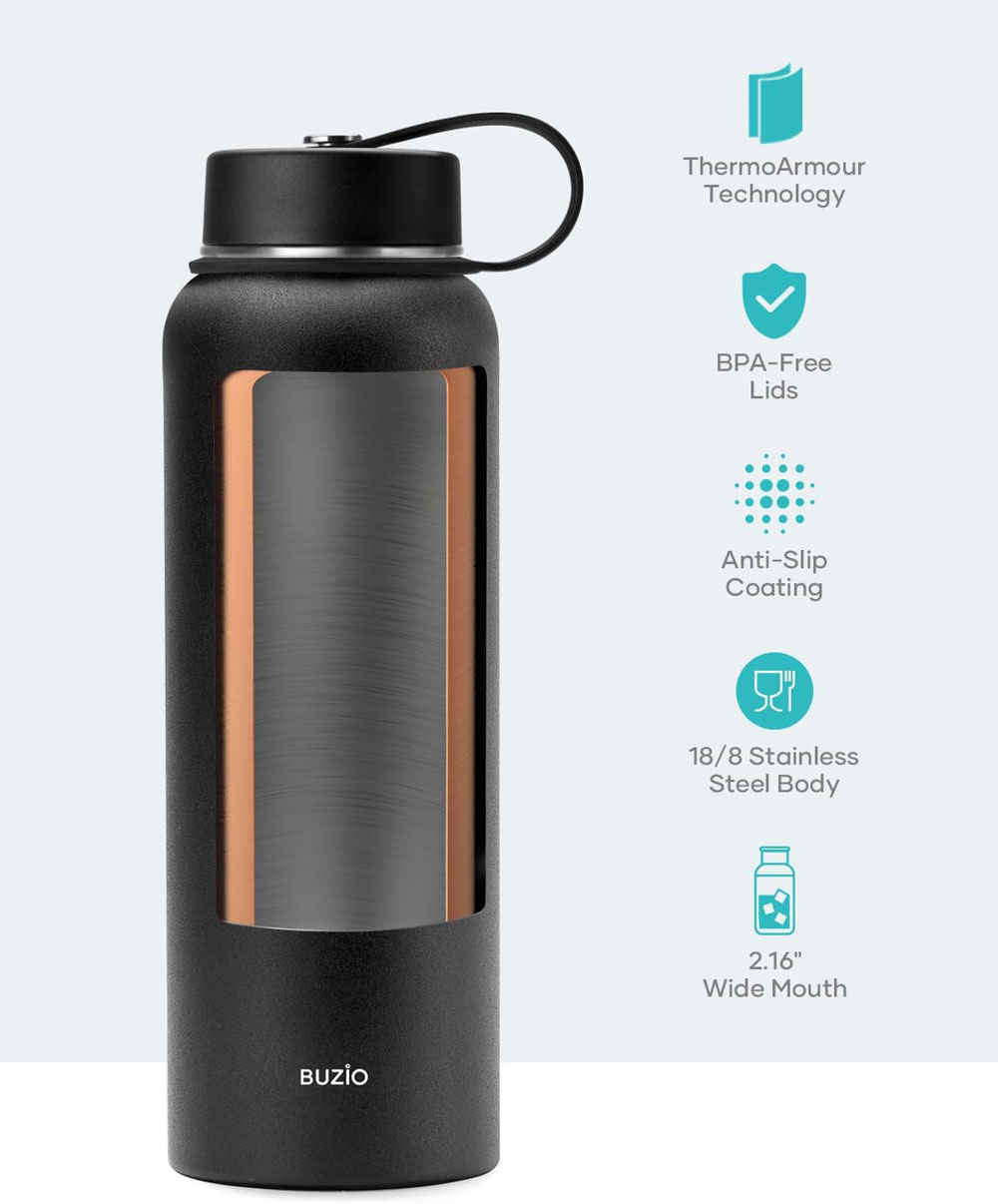 BUZIO Insulated Water Bottle with Lids and straws - features