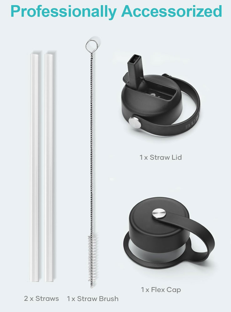 BUZIO Insulated Water Bottle with Lids and straws - lids