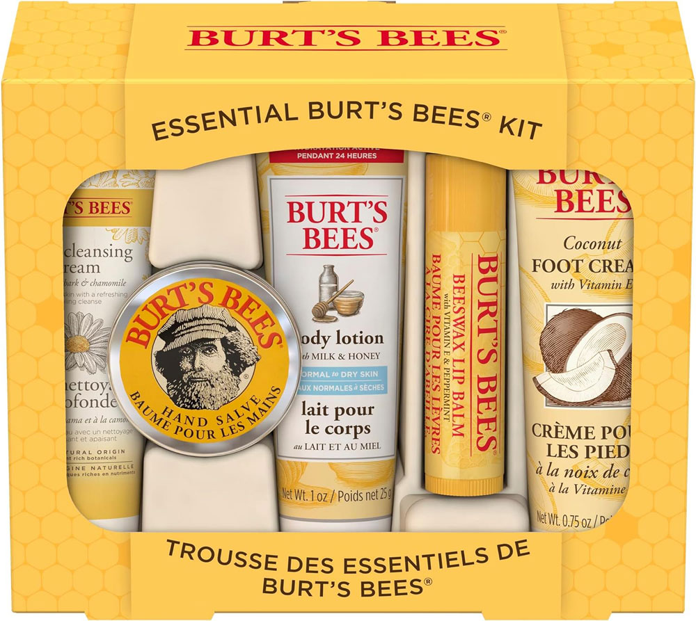 Burt's Bees Essential Gift Set, Lip Balm, Hand Salve, Body Lotion, Foot Cream & Face Cleanser, 5 Travel Size Products