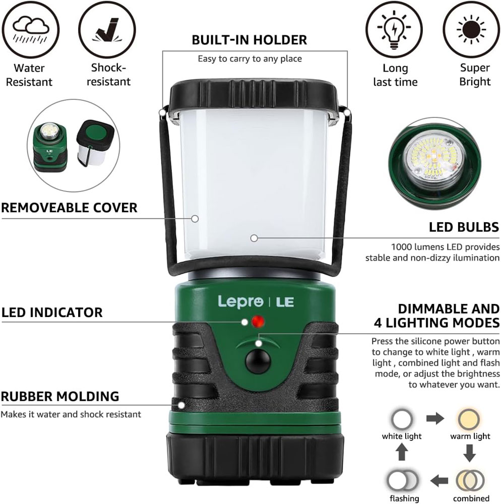 LE 1000LM Rechargeable Camping Lantern - features