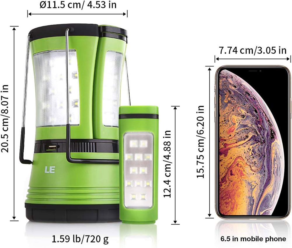 Lepro 3-in-1 Rechargeable Camping Lantern with 2 Torches - dimensions