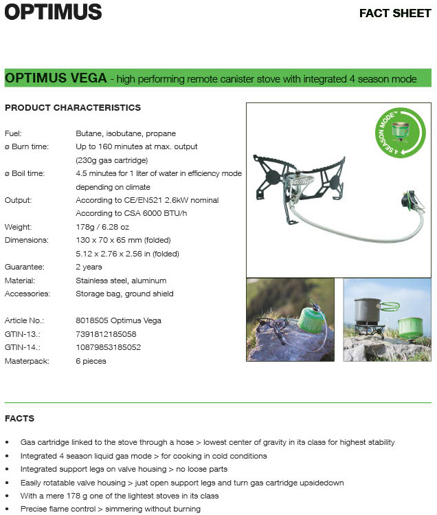 Optimus Vega Gas Stove - fact sheet