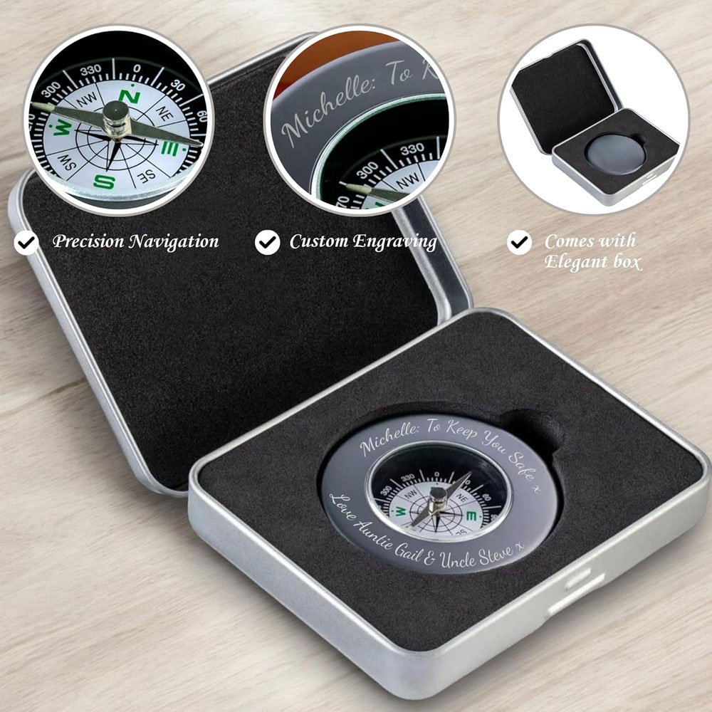 Personalised Chrome Compass with Custom Engraving sat in its box