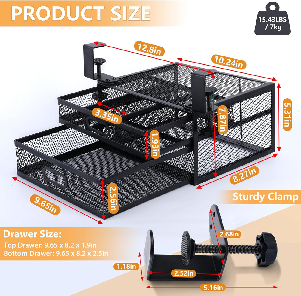 ROLIZOE clamp-on under-desk drawers - dimensions