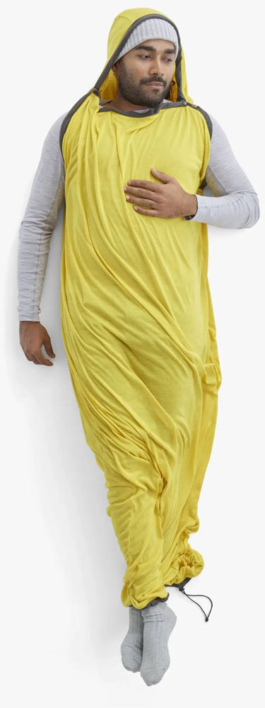 Sea to Summit Reactor Mummy Sleeping Bag Liner with person inside