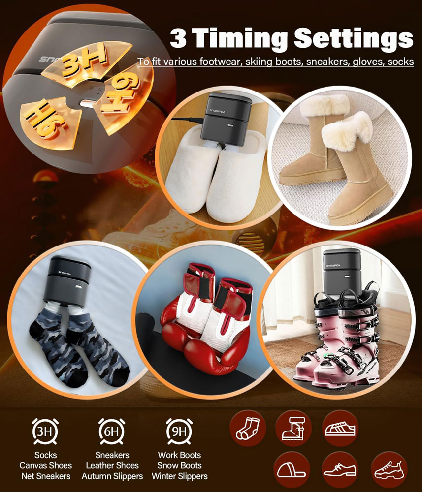 Snowpea Electric Shoe Dryer with Heat Blower - timing settings
