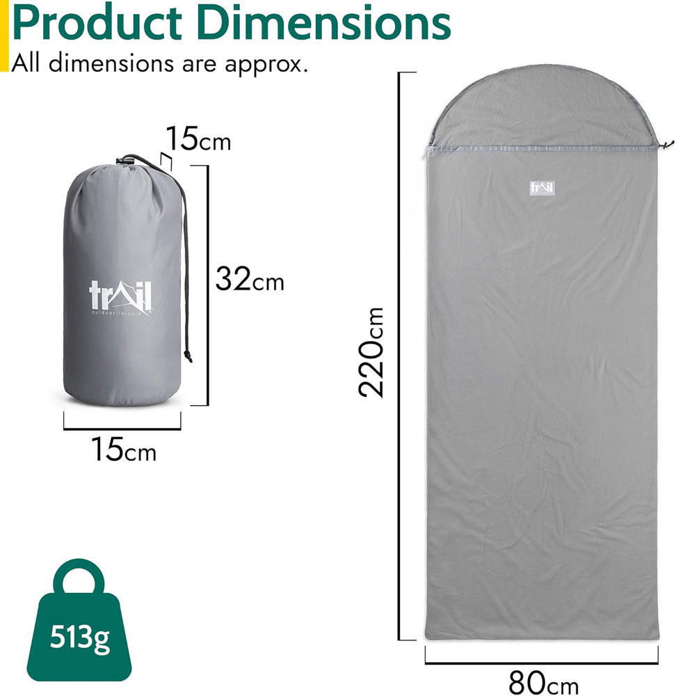 Trail Sleeping Bag Fleece Liner weight and dimensions including stuff bag