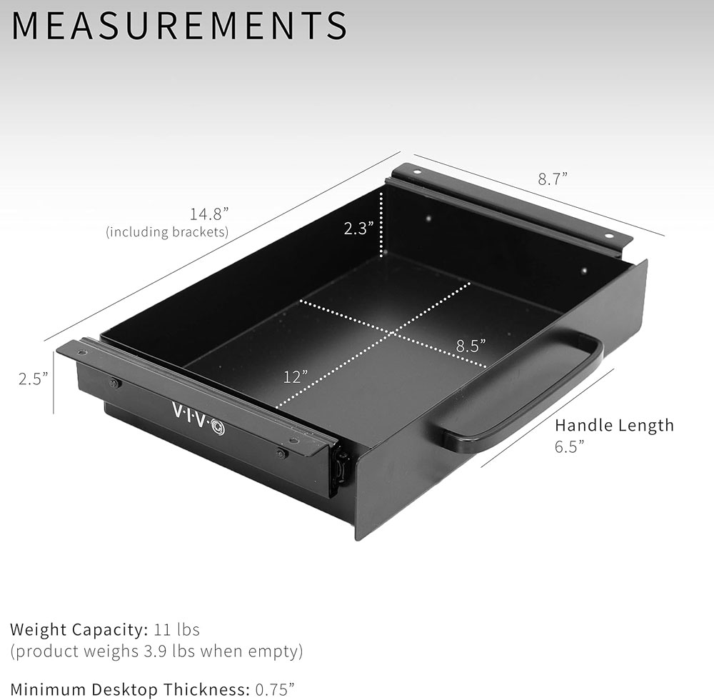 VIVO 13-inch under-desk drawer - dimensions