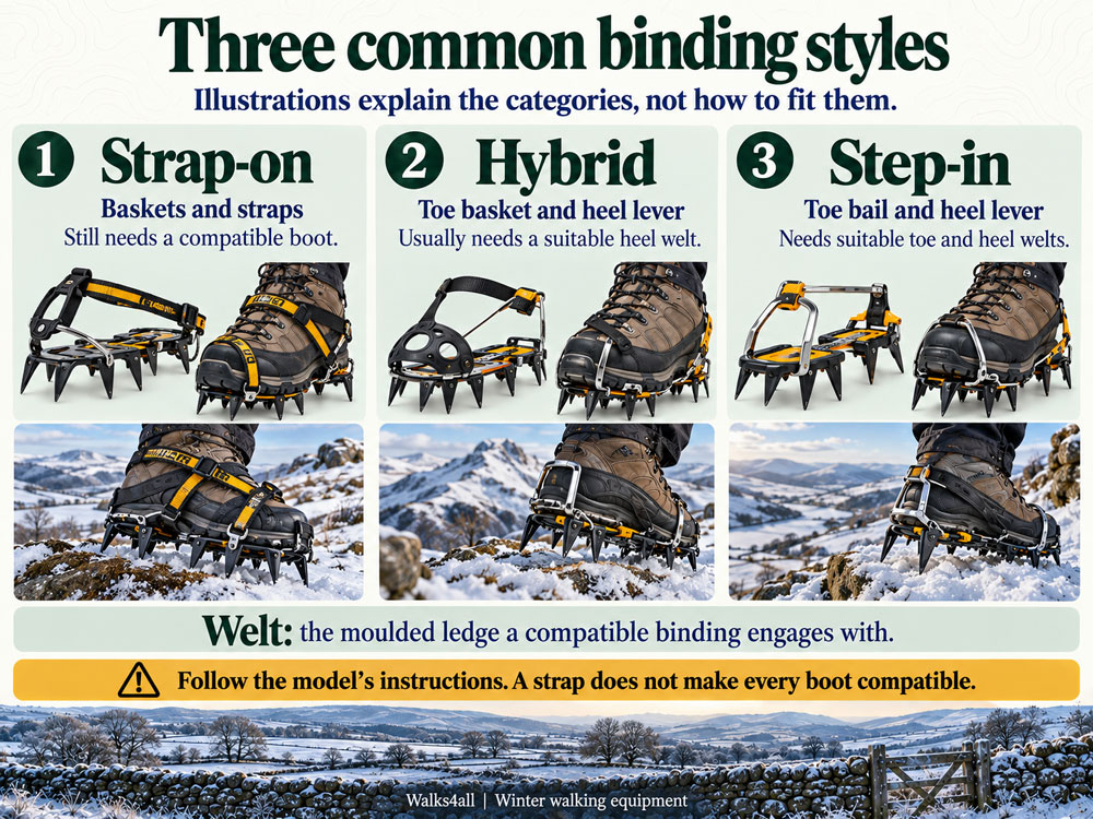 Three illustrative crampon binding types: strap-on baskets, a hybrid toe basket and heel lever, and a step-in toe bail and heel lever.