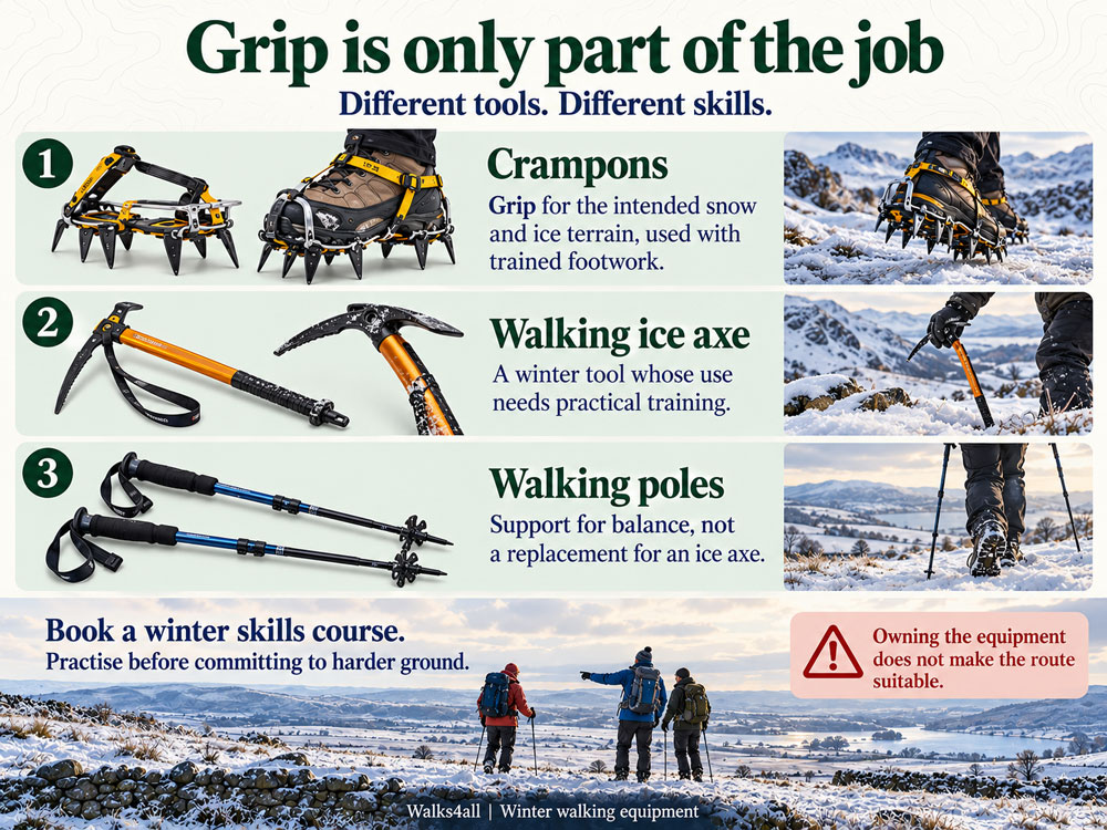 Crampons, a walking ice axe and walking poles appear beside explanations of their different roles, with a winter skills group in the background.