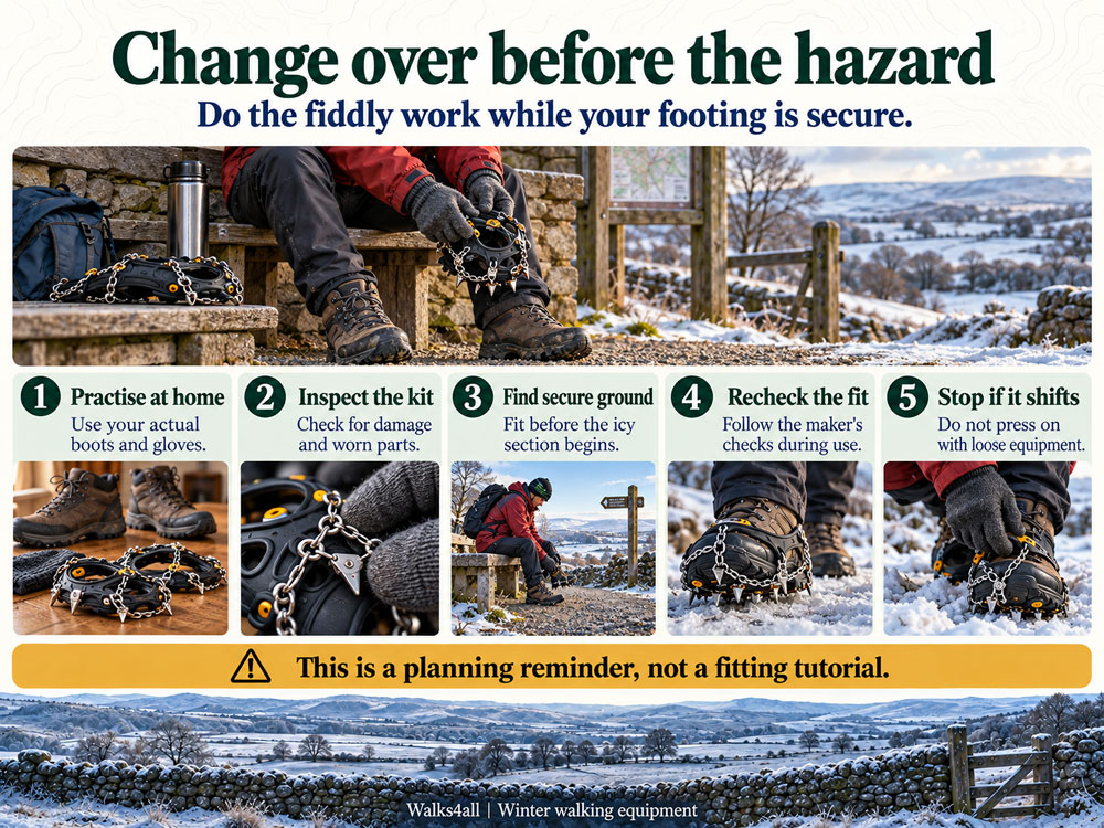 A seated walker checks winter footwear on a sheltered bench beside five reminders about practice, inspection, fitting, rechecking and stopping.