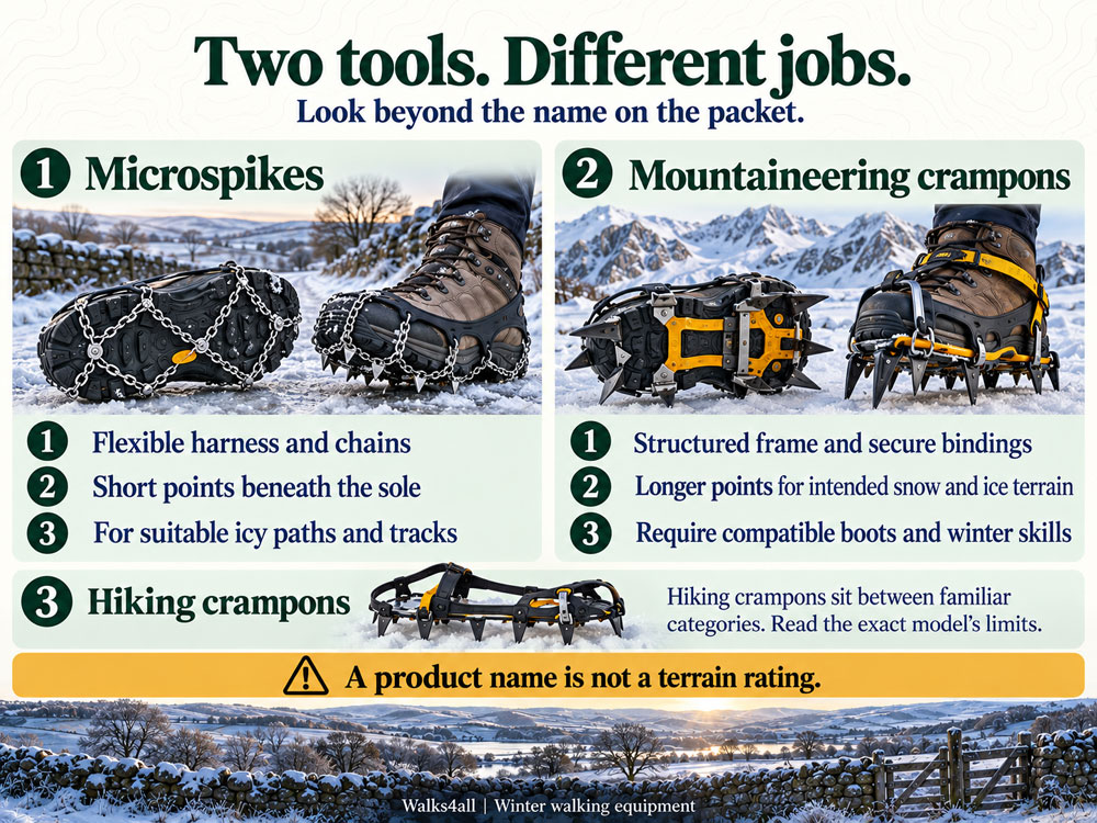 Side-by-side illustrations compare microspike harnesses and short points with crampon frames, bindings and longer points.