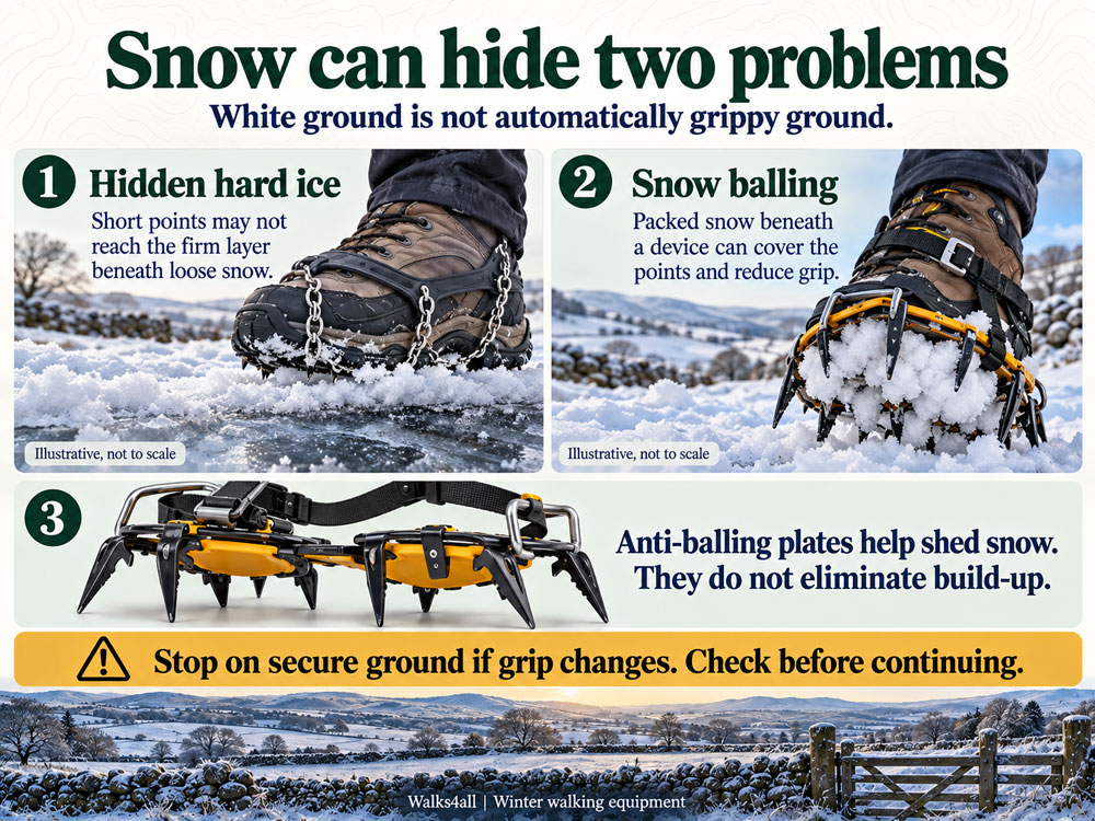 Winter traction illustrations show short points above concealed hard ice, snow built up beneath a device and anti-balling plates.