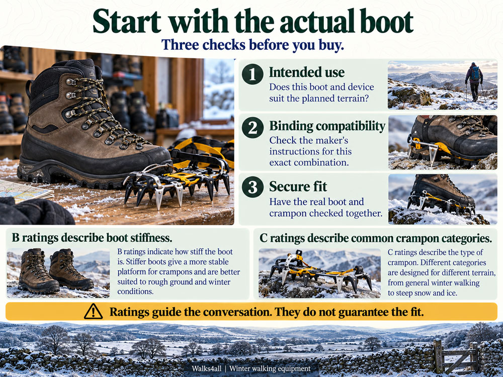 A winter boot beside three illustrated checks for intended use, binding compatibility and secure fit.