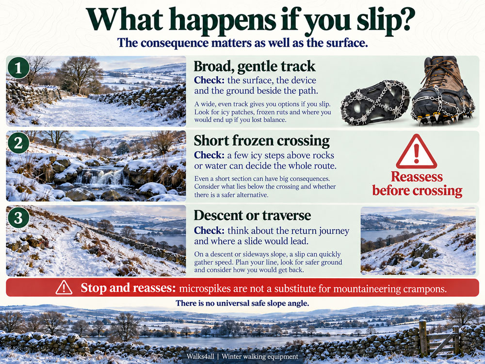 Three winter route vignettes show a broad path, an exposed frozen crossing and an icy descent, with questions about the consequences of a slip.