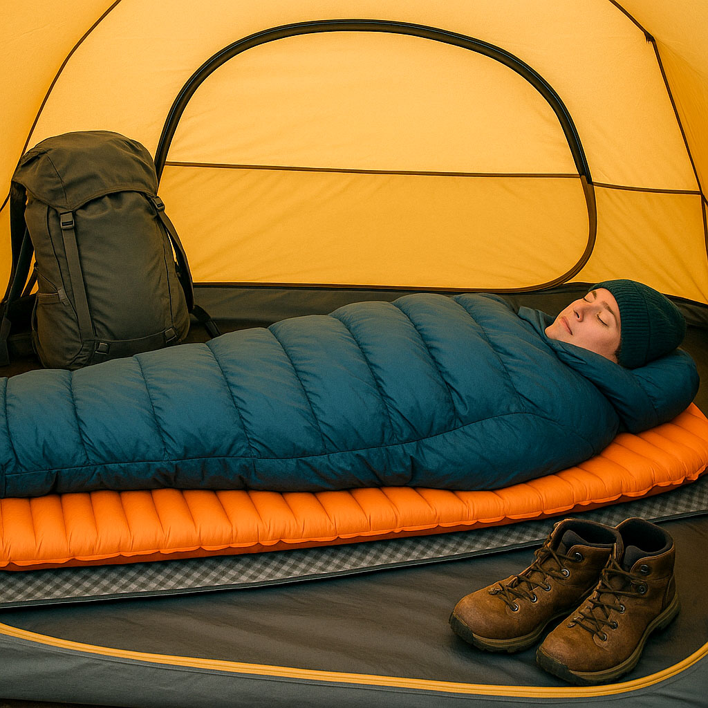A girl sleeping in a tent inside a sleeping bag, which is on a sleeping mat