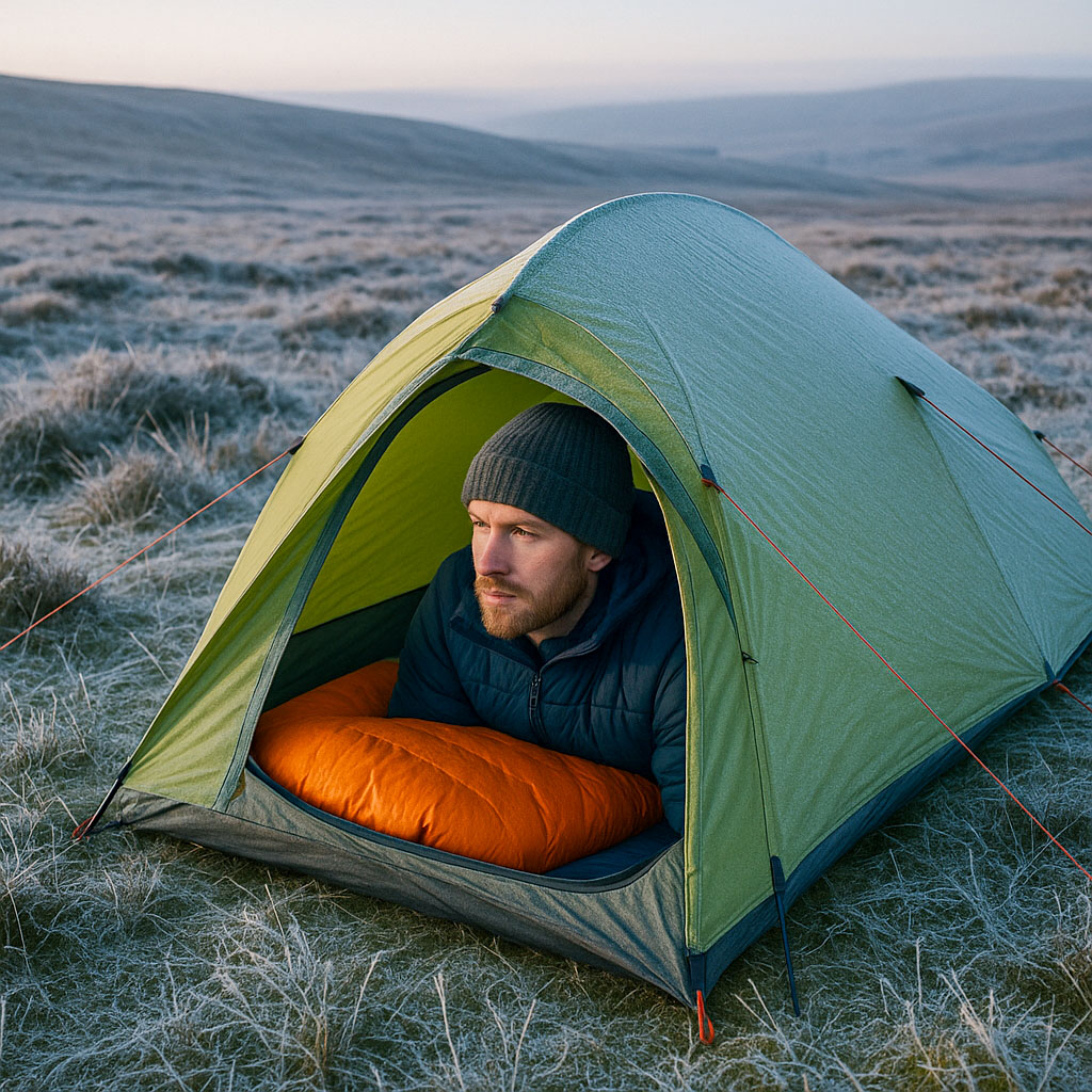 A hiker popping his head out of his one man tent he is using for wild camping on a very cold, frosty morning. He is lying on his sleeping bag, which is on top of his sleeping mat with a high R-value