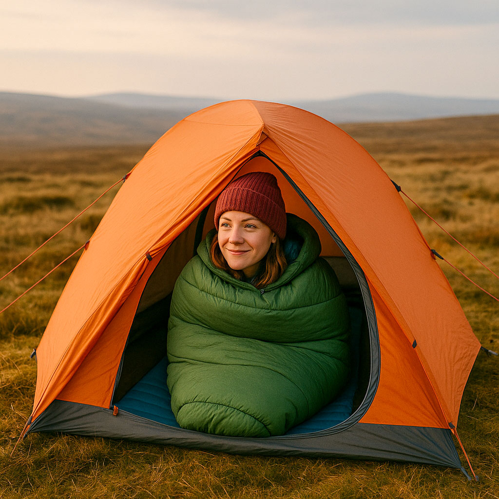 A lady with her head poking out of a tent, whilst wild camping, inside her sleeping bag, which is on top of a sleeping mat